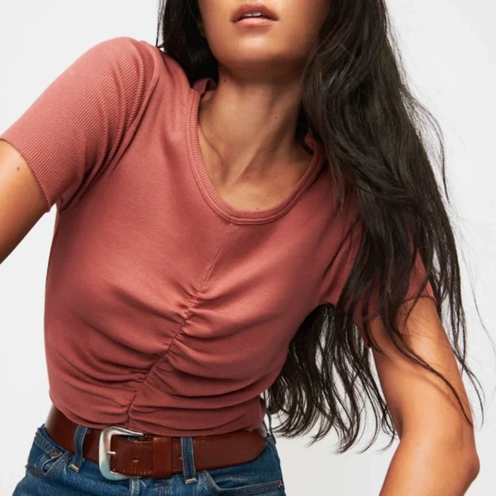 NEW Nation LTD Nevina Ruched Ribbed Top Size S Cardamom Organic Cotton Crop